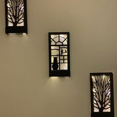 Black 3 Pcs Set Led Wooden Light Table Home Gift Hallway Night Lamp Set Wall Ornament Natural Tree Cat Bird Decoration