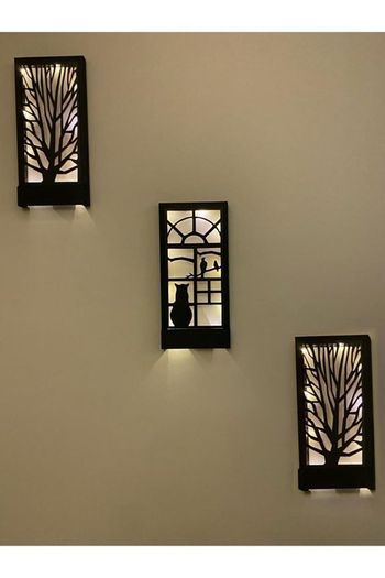 Black 3 Pcs Set Led Wooden Light Table Home Gift Hallway Night Lamp Set Wall Ornament Natural Tree Cat Bird Decoration