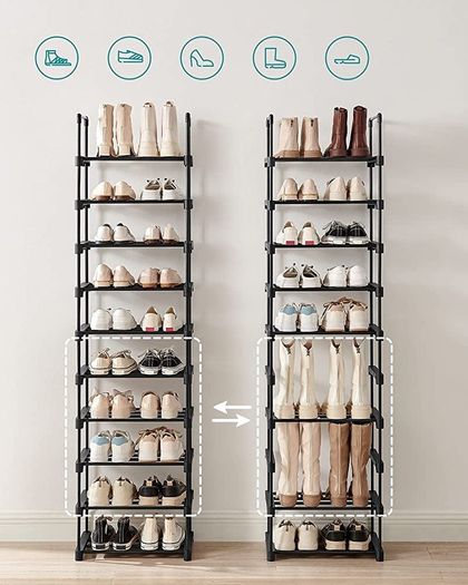 Shoe Rack, 10-Tier Metal Shoe Storage Organiser, Customisable Design, Metal Frame, Space-Saving Rack, for Dressing Room, Hallway, 30 x 45 x 174 cm, available in Black/Grey (FREE POSTAGE)