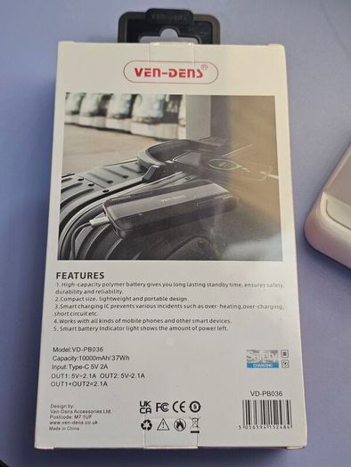 Power Bank Latest Ven dens VD-PB036 10000mAh 2A Fast charging high quality portable lightweight design In Black Colour.