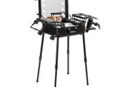 Makeup Train Case with Lock, Lighted Mirror, 4 Storage Trays, Brush Holder, Speaker Travel Cosmetic Organizer Box w/ Swivel Wheels, Professional Artist Trolley Studio Free Standing Case