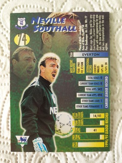 Neville Southall Everton Football Trading Card 1995 to 1996