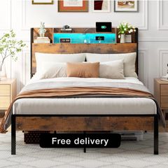 4ft6 Double Bed Frame with Storage Wooden Headboard