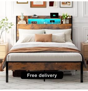 4ft6 Double Bed Frame with Storage Wooden Headboard