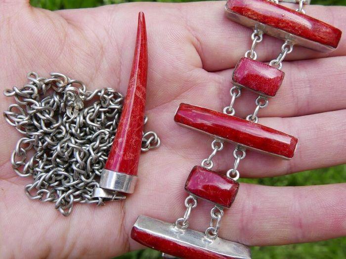Vintage Red Fossilized Coral .925 Sterling Silver handcrafted Large Bali Bracelet and Red Coral Horn Pendant Necklace