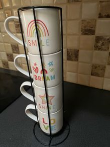 Set of 4 Mugs with a Wrought Iron Mug Stand