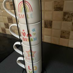 Set of 4 Mugs with a Wrought Iron Mug Stand