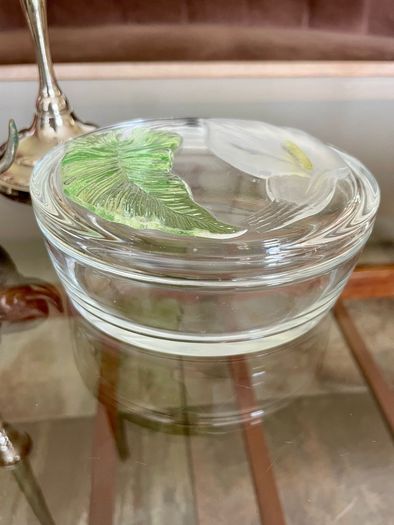 Vintage Calla Lily Oval Glass Lidded Dish Keepsake Box France