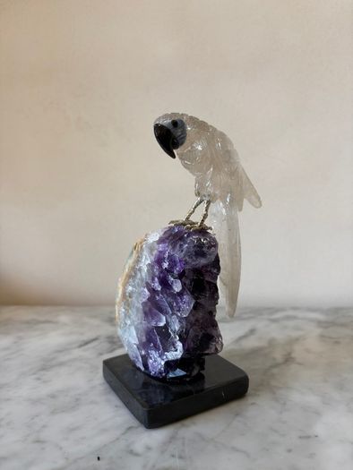Clear Quartz Parrot on Deep Purple Amethyst Geode Base