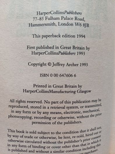 Honour Among Thieves by Jeffery Archer (Thriller Mystery Paperback 1994)