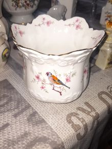 Brosnic Victoriana pattern Featuring a Bird and Floral design Ruffled or Scalloped Rim with Gold Trim Planter,
