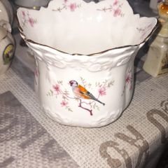 Brosnic Victoriana pattern Featuring a Bird and Floral design Ruffled or Scalloped Rim with Gold Trim Planter,