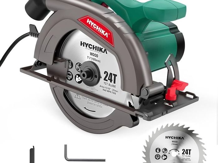 SALE | Circular Saw, 1300W HYCHIKA Electric Saw 4500RPM, High Power Motor, 24T Blade(185mm), Cutting Depth 65mm (90 degree), 45mm (45 degree), Safety Switch, Dust Extraction, for Wood/Plastic Cutting