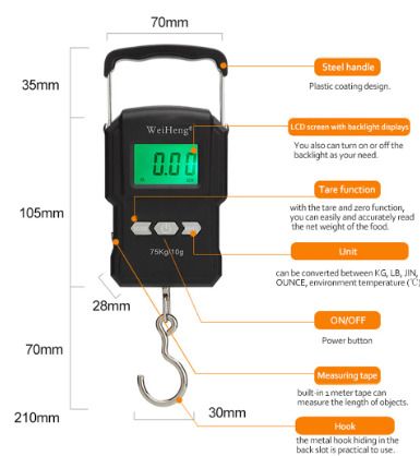 BRAND NEW 75Kg/10g Electronic Weighing Scale LCD Digital Display Hanging Hook Scale with Measuring Tape for Fishing Travel