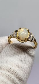 Sterling silver Ethiopian Opal , White Zircon Main Stone With Side Stone Ring in 18K YG Vermeil Sterling Silver 1.40 ct 1.230 Ct.