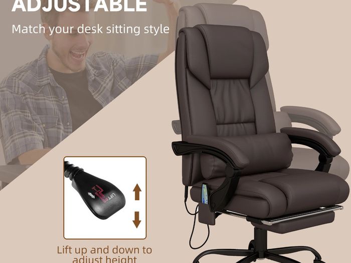 6-Point Massage Office Chair, PU Leather Desk Chair with Adjustable Height and Footrest for Home Office, Brown