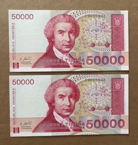 Croatia 2x50000 Dinara 1993 Consecutive Banknotes