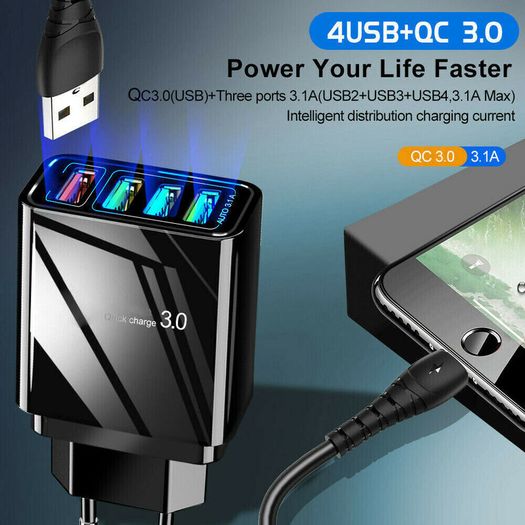 QC 3.0 USB 4 Ports UK Wall Fast Charger 36W (Brand New/Warranty)