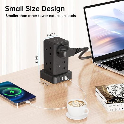 Tower Extension Lead with 8 Way Multi Plug Extension Tower & 4 USB Ports (13A),Mini Power Strip with Switch, 5M Extension Cable Surge Protection Extension Lead for Home, Kitchen,Office