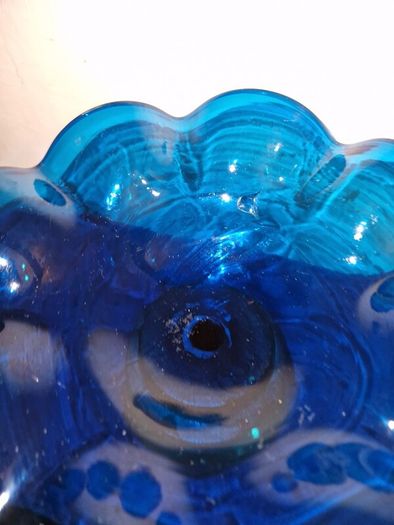Unique hand blown cobalt blue candy dish with wood base
