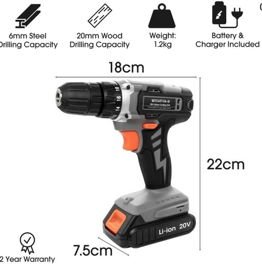 13Pc Cordless Drill Driver 20V-Max Li-Ion Battery 1 Hour Fast charge, Electric Screwdriver, Accessory Kit, LED Work Light & Charger Included (FREE POSTAGE)