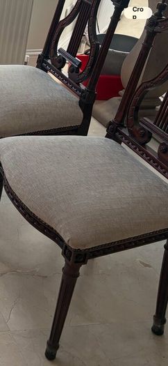 Set of six vintage carved harp back dining chairs