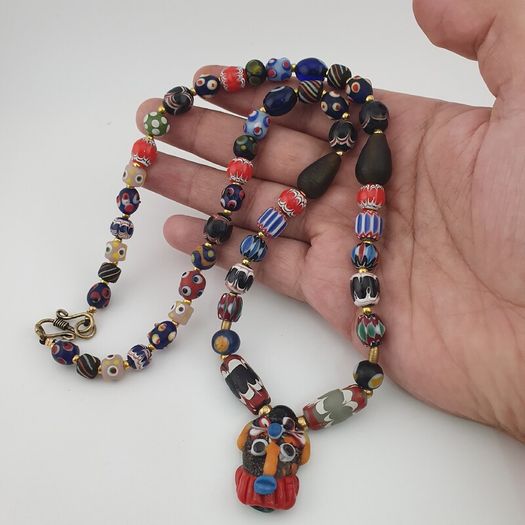 Antique Venetian Style Mix Glass & Old Face Glass Pendant Necklace