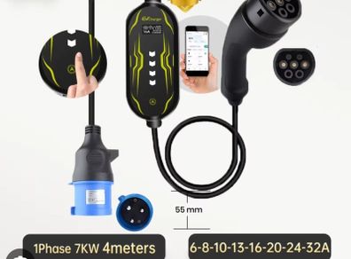 Portable EV charger 7kW type 2 with mobile app
