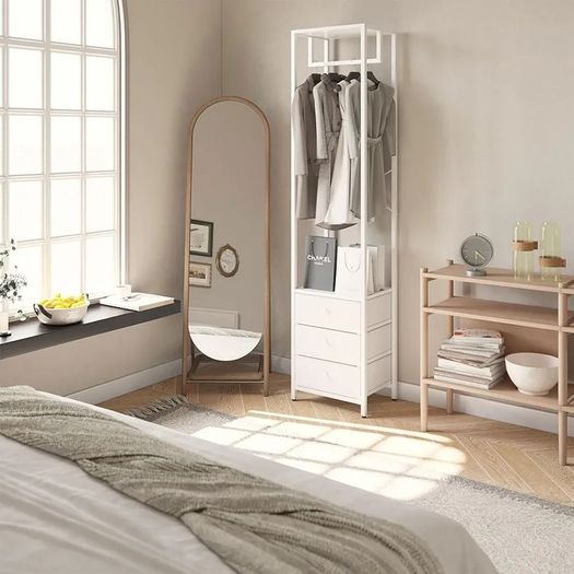 Coat Rack with Non woven Drawer, Freestanding Tall Closet Organizer, Clothes Rack with Rod, Tall Clothes Standing Dresser for Bedroom, Living Room, Entryway, White