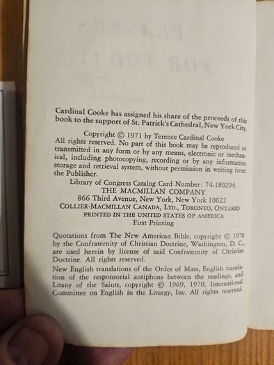 RARE. PRAYERS FOR Today Compiled By Bishop Terence Cooke Cardinal Of Newyork 1968 to 1983.  Complete With facsimile Signature On Cover And Hand Written Signature On Inside. Paperback In Good Condition.