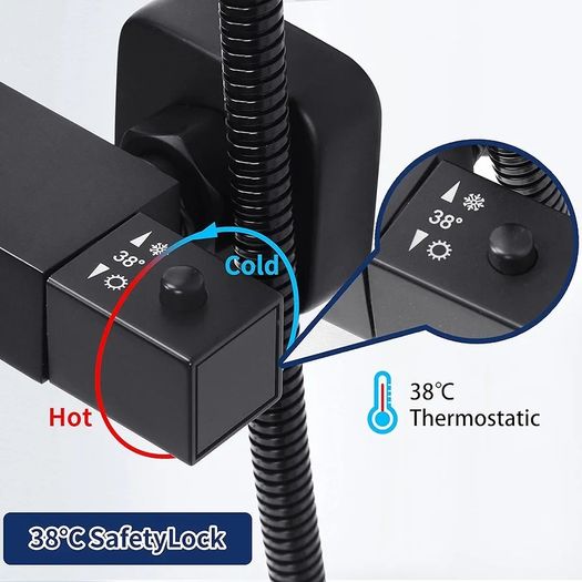 Thermostatic Shower Mixer Set, Thermostat Shower Rail System with Adjustable Rainfall Shower Head, Scalding Protection Bath Tap, Anti-Kink Shower Hose (Square, Matte Black)