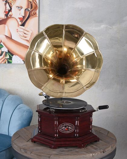 Vintage Gramophone Villa Fitzgerald Replica Wooden Case Brass Horn 1920s Style
