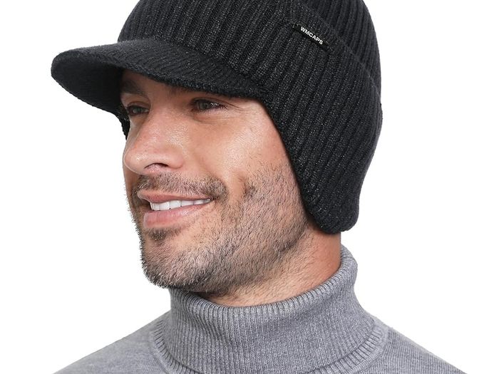 Beanie with Brim and Ear Flaps, Windproof Fleece Lined Knit Winter Hat, Warm Outdoor Mens Wooly Hats, Gifts for Dad