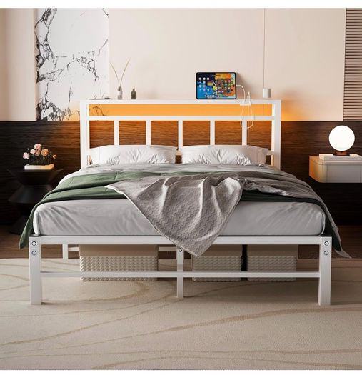 Double Bed Frame with Storage Headboard,4ft6 Bed Frame Double Bed Base with Charging Station and LED Lights,Metal Platform Double Bed 135x190,Mattress Base No Box Spring Needed,No Noise,White
