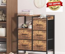 Chest of Drawers Bedroom with 5 Drawers, Tall Dresser with Shelf, Fabric Dresser for Entryway Hallway Living Room, Closet Storage Drawer, Rustic Brown