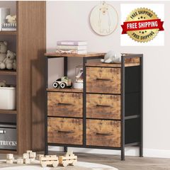 Chest of Drawers Bedroom with 5 Drawers, Tall Dresser with Shelf, Fabric Dresser for Entryway Hallway Living Room, Closet Storage Drawer, Rustic Brown