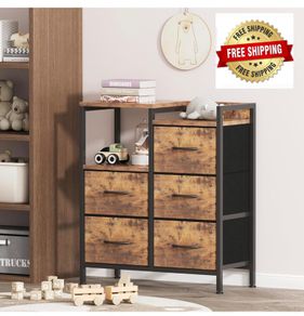 Chest of Drawers Bedroom with 5 Drawers, Tall Dresser with Shelf, Fabric Dresser for Entryway Hallway Living Room, Closet Storage Drawer, Rustic Brown