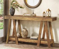 140 cm Rustic Farmhouse Console Table with Lower Storage Shelf, Light Oak Brown Hallway & Entryway Table
