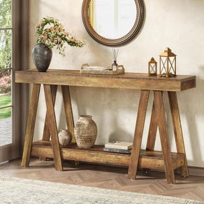 140 cm Rustic Farmhouse Console Table with Lower Storage Shelf, Light Oak Brown Hallway & Entryway Table