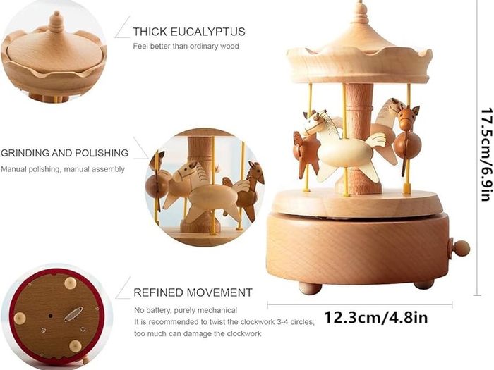 Wooden Vintage Music Box Carousel with 4 Horses
