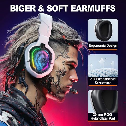 PG2 Gaming Headset for PS4, PS5, PC, Xbox One, Switch,Wired Gaming Headphones with Noise Cancelling Microphone, Ergonomic Design Over Ear Computer Headset with 3.5mm Jack & LED-Bright White