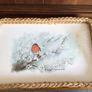 Large Vintage Basket Weave Christmas Robin Picture Tray Image 2