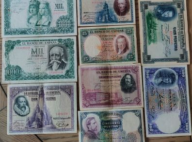 SPAIN 9 Banknotes 1925-71 Lot 25-1000 Pesetas
