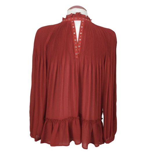 River Island Ladies Red Semi Pleated Sheer Top Long Sleeves Cold Shoulders Sz 10 including postage