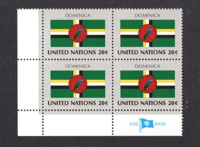1982 United Nations New York Dominica National Flag (part of flag stamp series) Block of 4 Mint Never Hinged (MNH)