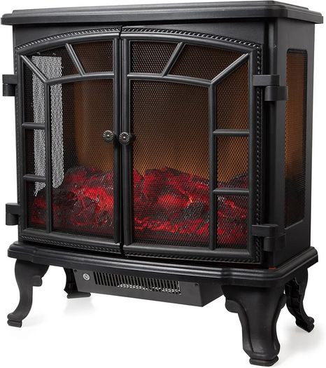 WL46020 Rochester Portable Electric Double Door Fireplace Heater with Realistic LED Flame Effect, Remote Control, 2000W, Black
