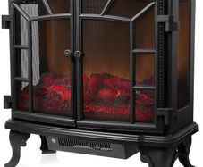WL46020 Rochester Portable Electric Double Door Fireplace Heater with Realistic LED Flame Effect, Remote Control, 2000W, Black