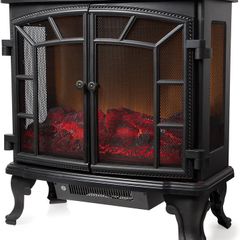 WL46020 Rochester Portable Electric Double Door Fireplace Heater with Realistic LED Flame Effect, Remote Control, 2000W, Black