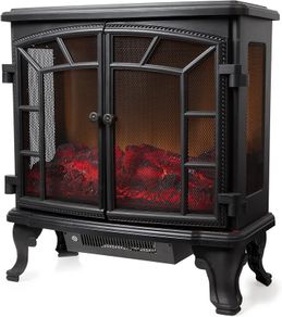 WL46020 Rochester Portable Electric Double Door Fireplace Heater with Realistic LED Flame Effect, Remote Control, 2000W, Black