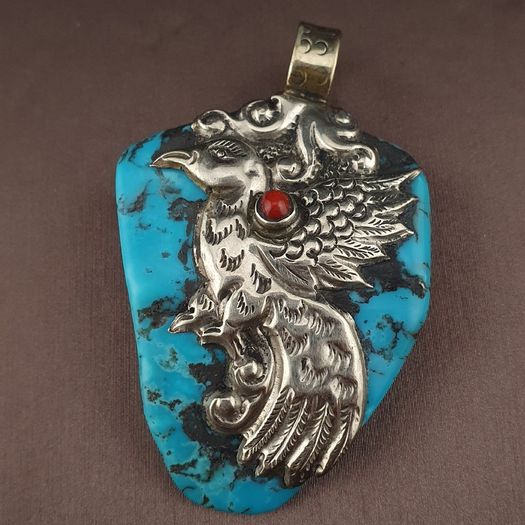 Vintage Silver Bird & Flower Desgin Turqouise Pendant